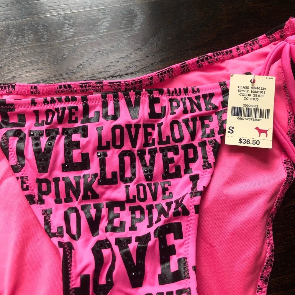 PINK Victoria’s Secret Love Pink Print Ruched Rhinestone Bikini Bottom - Picture 4 of 16